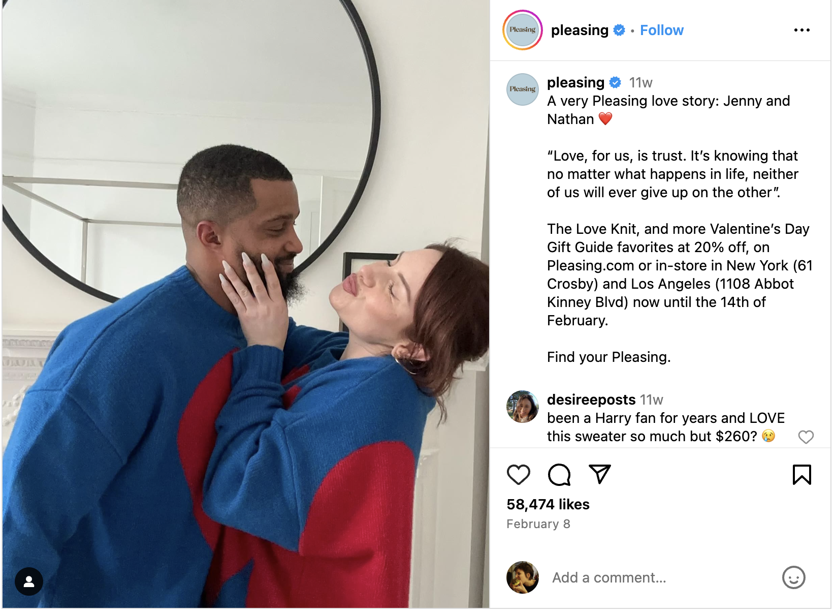 An Instagram post from Pleasing featuring a real couple, promoting the brand's Valentine's Day Gift Guide.